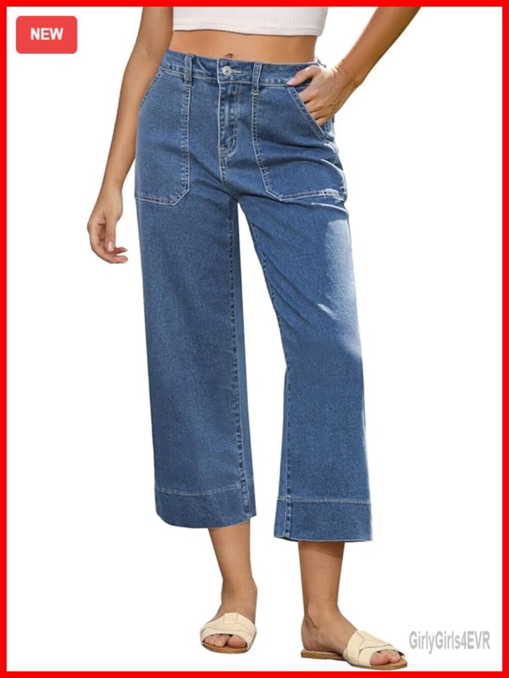 Women's High Waisted Wide Leg Cropped Denim Jeans with Pockets
